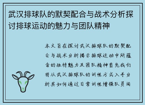 武汉排球队的默契配合与战术分析探讨排球运动的魅力与团队精神